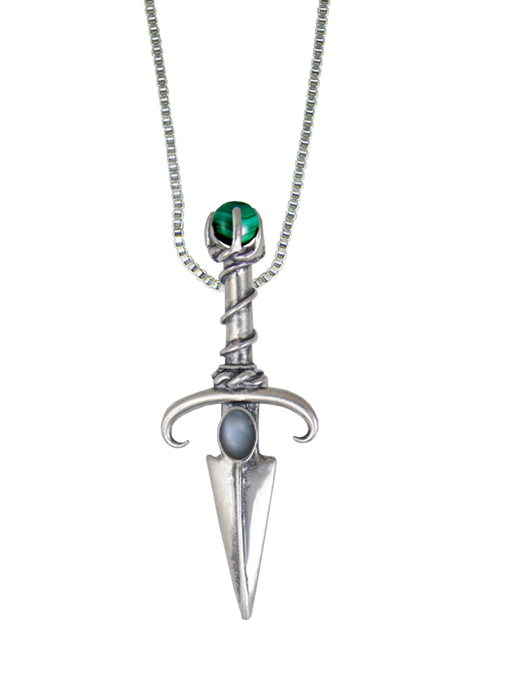 Sterling Silver Black Prince's Knife Dagger Pendant With Grey Moonstone And Malachite